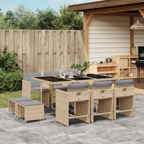 ARDEBO.de - 11-tlg. Garten-Essgruppe mit Kissen Beigemischung Poly Rattan