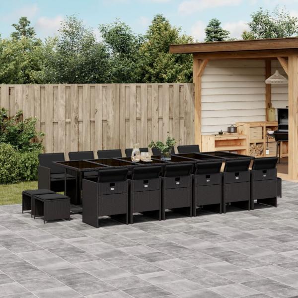 ARDEBO.de - 17-tlg. Garten-Essgruppe mit Kissen Schwarz Poly Rattan