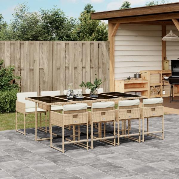 ARDEBO.de - 9-tlg. Garten-Essgruppe mit Kissen Beige Poly Rattan