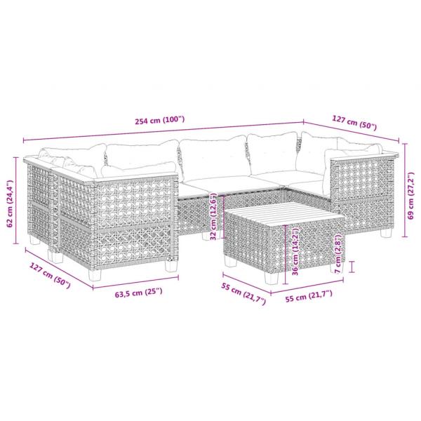 7-tlg. Garten-Sofagarnitur mit Kissen Grau Poly Rattan