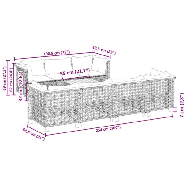 8-tlg. Garten-Sofagarnitur mit Kissen Grau Poly Rattan