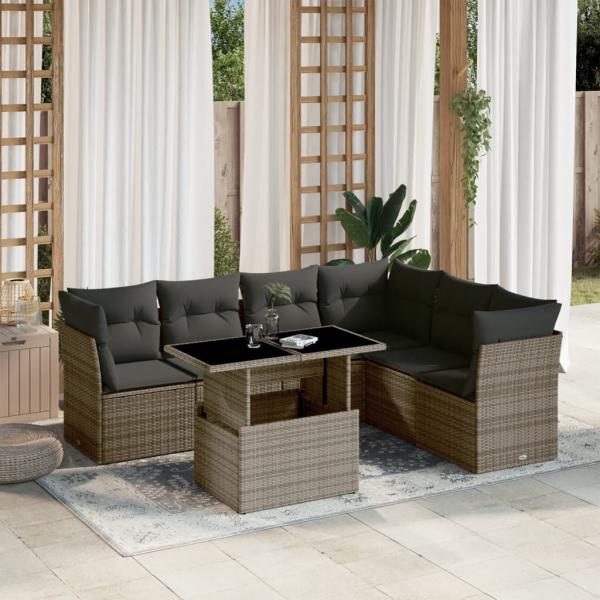 ARDEBO.de - 7-tlg. Garten-Sofagarnitur mit Kissen Grau Poly Rattan