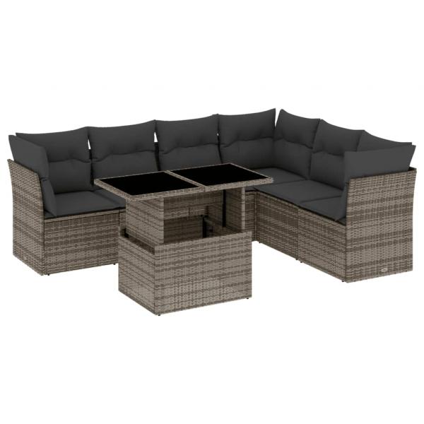 7-tlg. Garten-Sofagarnitur mit Kissen Grau Poly Rattan