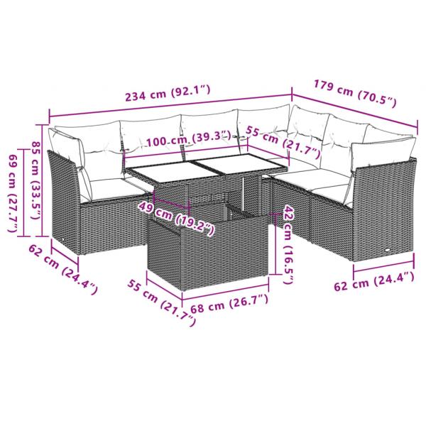 7-tlg. Garten-Sofagarnitur mit Kissen Grau Poly Rattan