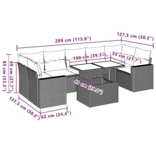 8-tlg. Garten-Sofagarnitur mit Kissen Grau Poly Rattan