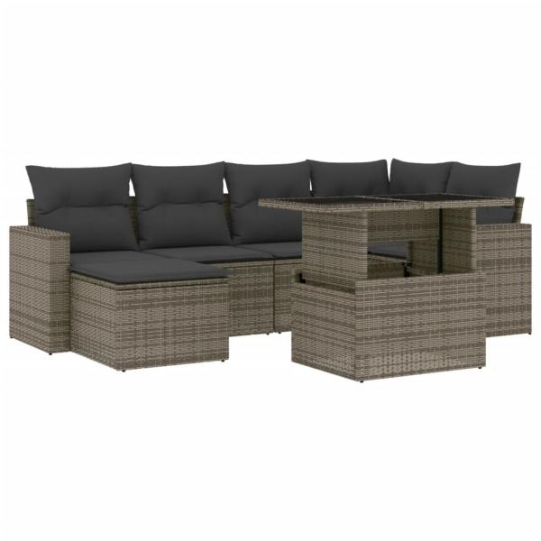 7-tlg. Garten-Sofagarnitur mit Kissen Grau Poly Rattan