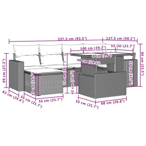 7-tlg. Garten-Sofagarnitur mit Kissen Grau Poly Rattan