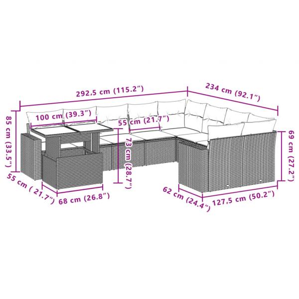 10-tlg. Garten-Sofagarnitur mit Kissen Grau Poly Rattan