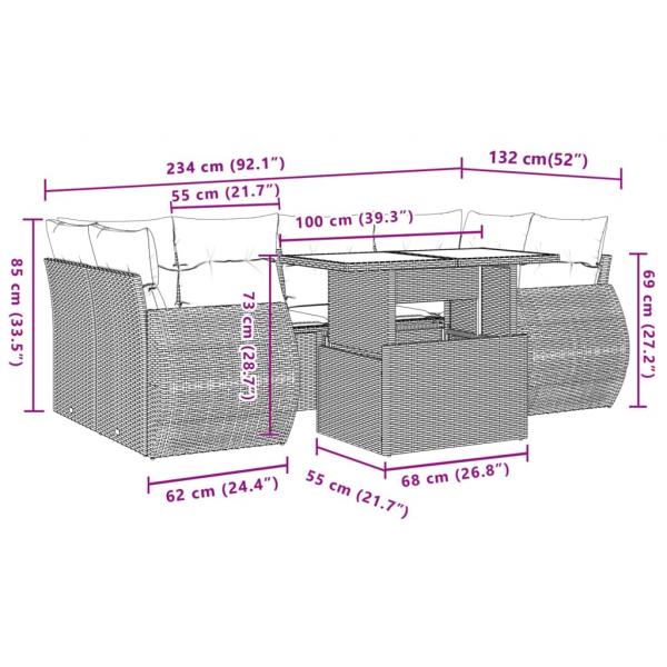 7-tlg. Garten-Sofagarnitur mit Kissen Grau Poly Rattan