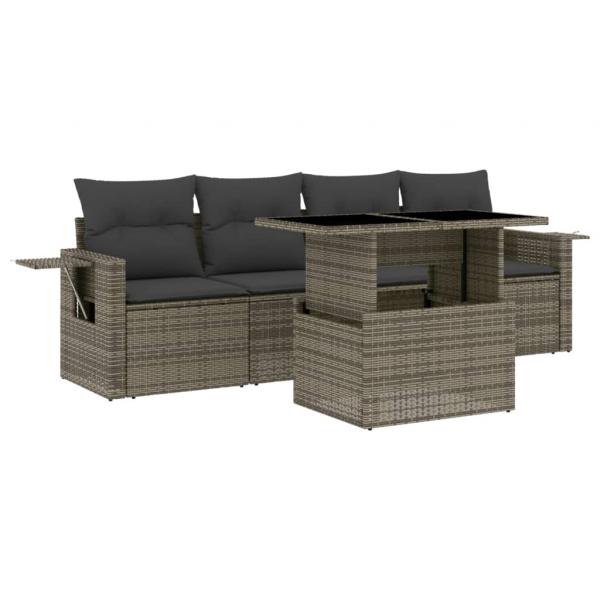 5-tlg. Garten-Sofagarnitur mit Kissen Grau Poly Rattan