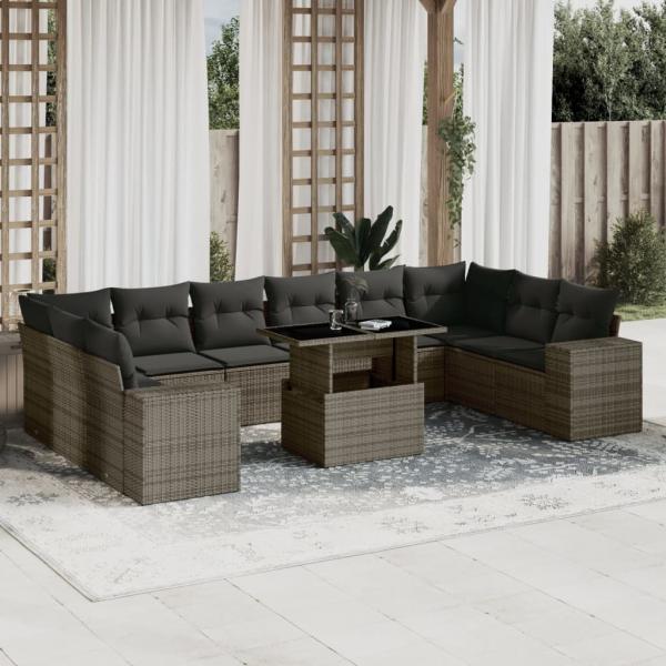 ARDEBO.de - 11-tlg. Garten-Sofagarnitur mit Kissen Grau Poly Rattan