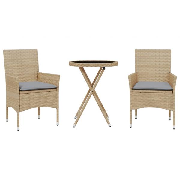 3-tlg. Bistro-Set mit Kissen Beige Poly Rattan und Glas