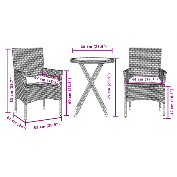 3-tlg. Bistro-Set mit Kissen Beige Poly Rattan und Glas