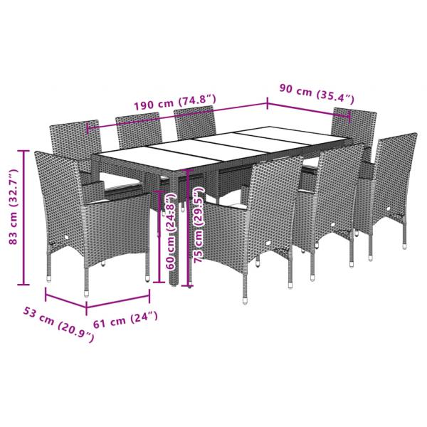 9-tlg. Garten-Essgruppe mit Kissen Hellgrau Poly Rattan & Glas