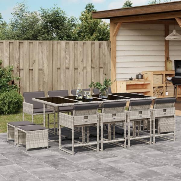 ARDEBO.de - 13-tlg. Garten-Essgruppe mit Kissen Hellgrau Poly Rattan