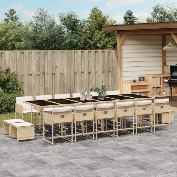 ARDEBO.de - 17-tlg. Garten-Essgruppe mit Kissen Beige Poly Rattan