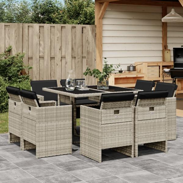 ARDEBO.de - 9-tlg. Garten-Essgruppe mit Kissen Hellgrau Poly Rattan