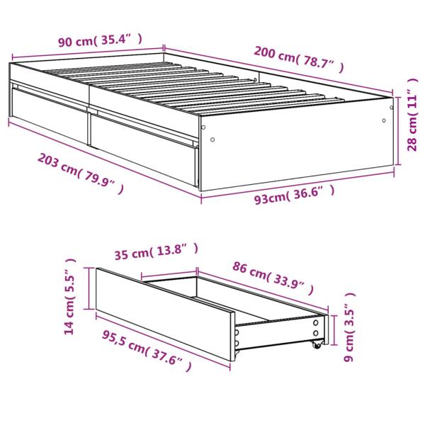 Bettgestell mit Schubladen Grau Sonoma 90x200 cm Holzwerkstoff