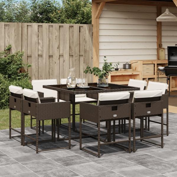 ARDEBO.de - 9-tlg. Garten-Essgruppe mit Kissen Braun Poly Rattan