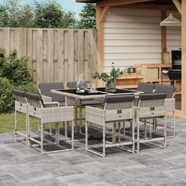 ARDEBO.de - 9-tlg. Garten-Essgruppe mit Kissen Hellgrau Poly Rattan