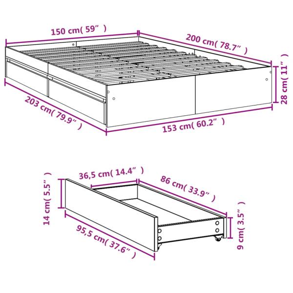 Bettgestell mit Schubladen Grau Sonoma 150x200 cm Holzwerkstoff