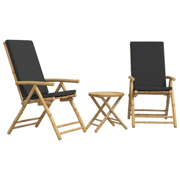 3-tlg. Bistro-Set Klappbar mit Dunkelgrauen Kissen Bambus