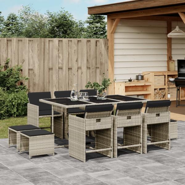 ARDEBO.de - 11-tlg. Garten-Essgruppe mit Kissen Hellgrau Poly Rattan