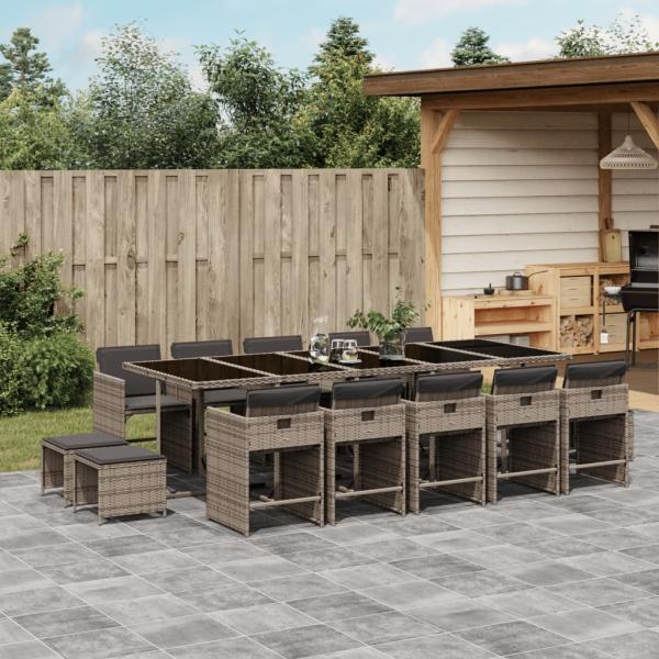 ARDEBO.de - 15-tlg. Garten-Essgruppe mit Kissen Grau Poly Rattan