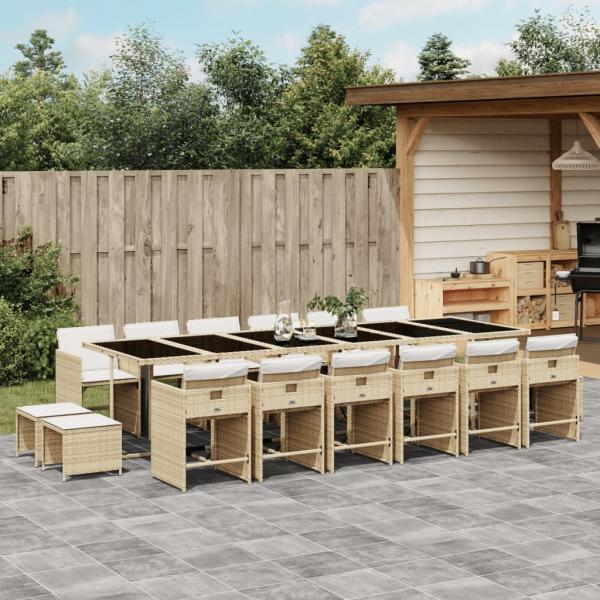 ARDEBO.de - 17-tlg. Garten-Essgruppe mit Kissen Beige Poly Rattan