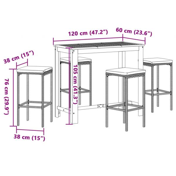 5-tlg. Gartenbar-Set Braun Massivholz Akazie und Poly Rattan