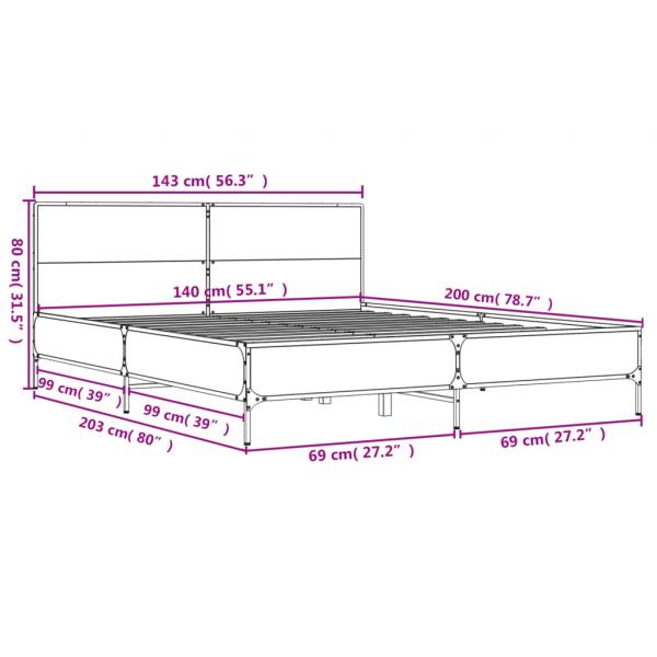 Bettgestell Grau Sonoma 140x200 cm Holzwerkstoff und Metall