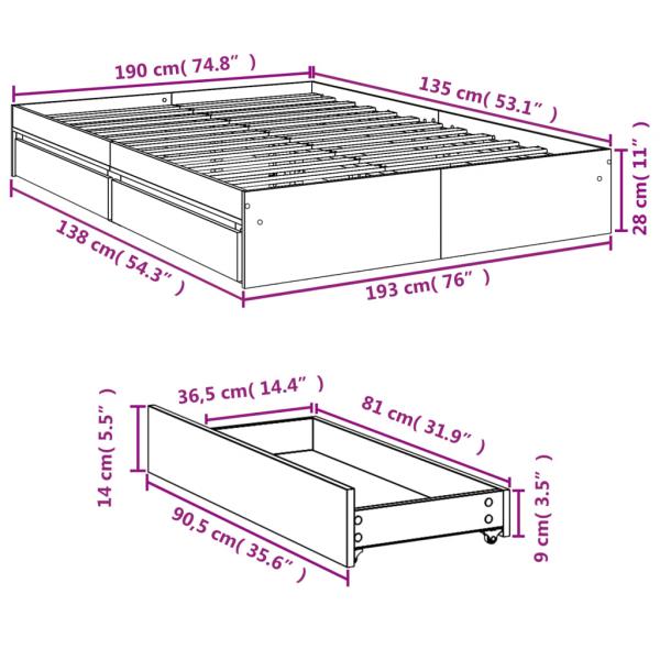 Bettgestell mit Schubladen Grau Sonoma 135x190 cm Holzwerkstoff