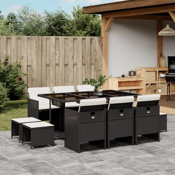 ARDEBO.de - 11-tlg. Garten-Essgruppe mit Kissen Schwarz Poly Rattan