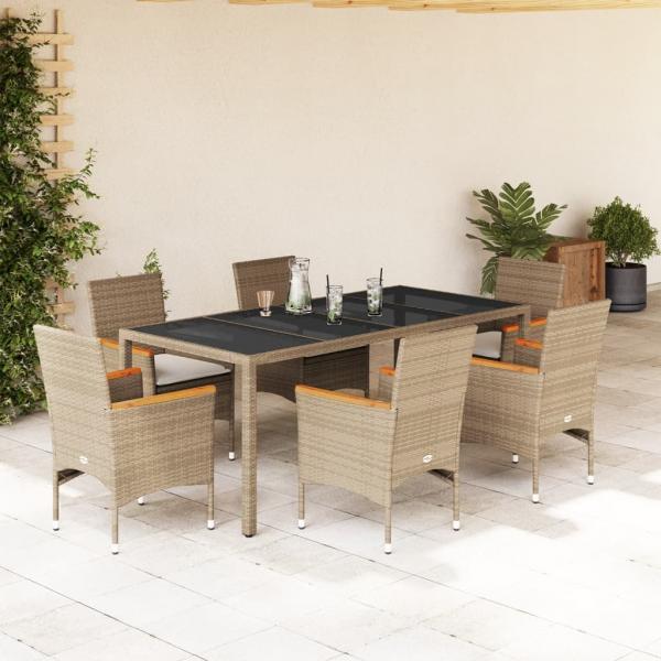 ARDEBO.de - 7-tlg. Garten-Essgruppe mit Kissen Beige Poly Rattan und Glas