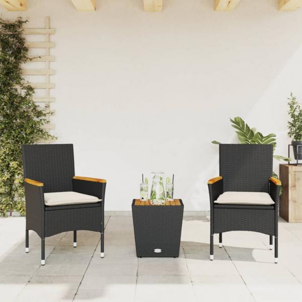 ARDEBO.de - 3-tlg. Bistro-Set mit Kissen Schwarz Poly Rattan und Glas