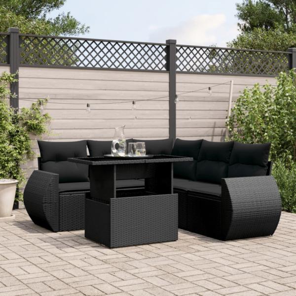 ARDEBO.de - 6-tlg. Garten-Sofagarnitur mit Kissen Schwarz Poly Rattan