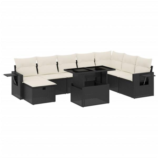 9-tlg. Garten-Sofagarnitur mit Kissen Schwarz Poly Rattan