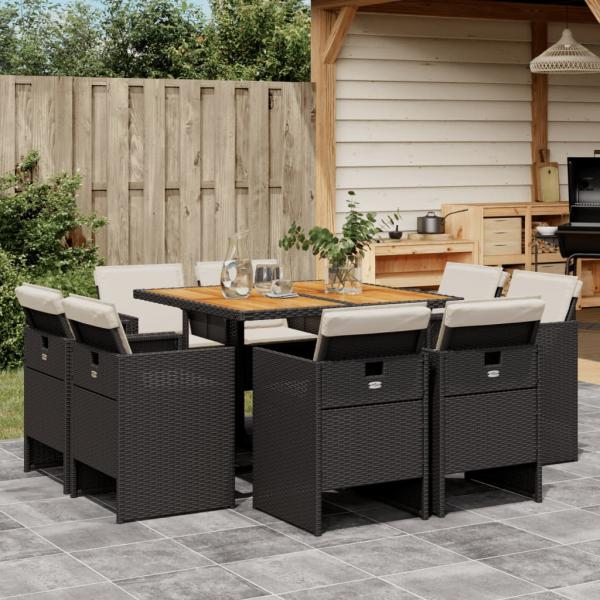 ARDEBO.de - 9-tlg. Garten-Essgruppe mit Kissen Schwarz Poly Rattan