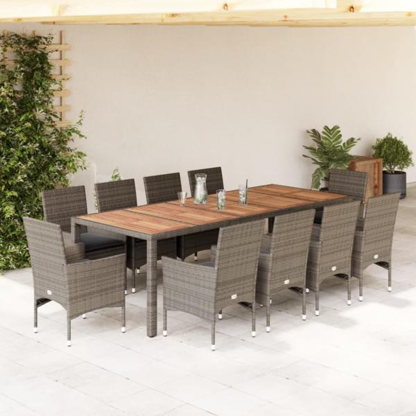 ARDEBO.de - 11-tlg. Garten-Essgruppe mit Kissen Grau Poly Rattan Akazie