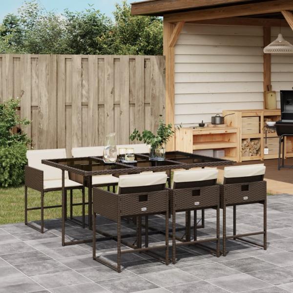 ARDEBO.de - 7-tlg. Garten-Essgruppe mit Kissen Braun Poly Rattan