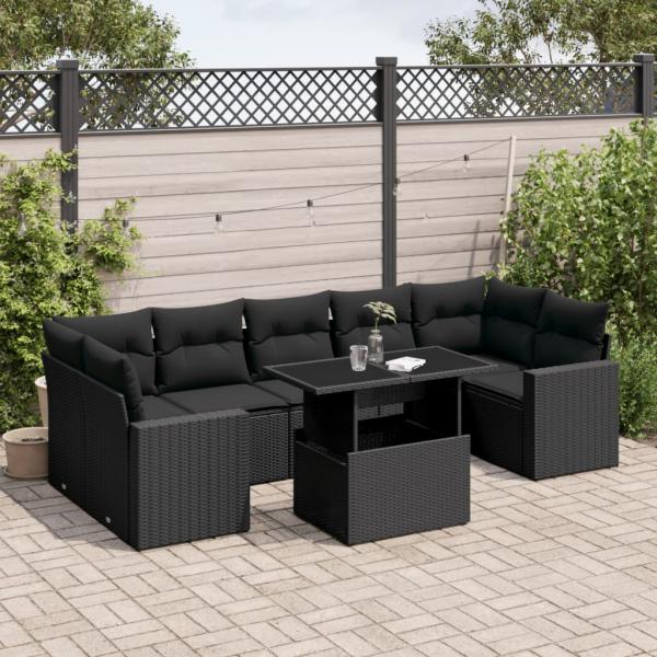 ARDEBO.de - 8-tlg. Garten-Sofagarnitur mit Kissen Schwarz Poly Rattan