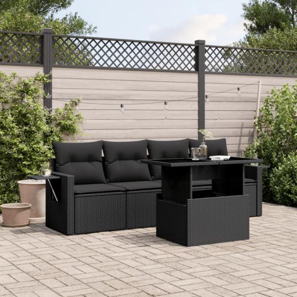 ARDEBO.de - 5-tlg. Garten-Sofagarnitur mit Kissen Schwarz Poly Rattan