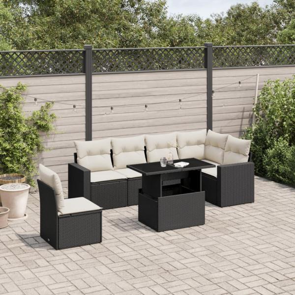 ARDEBO.de - 7-tlg. Garten-Sofagarnitur mit Kissen Schwarz Poly Rattan