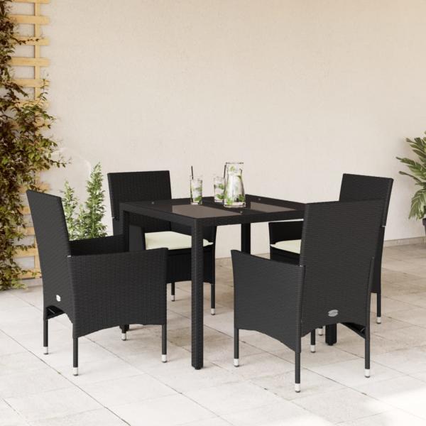 ARDEBO.de - 5-tlg. Garten-Essgruppe mit Kissen Schwarz Poly Rattan und Glas