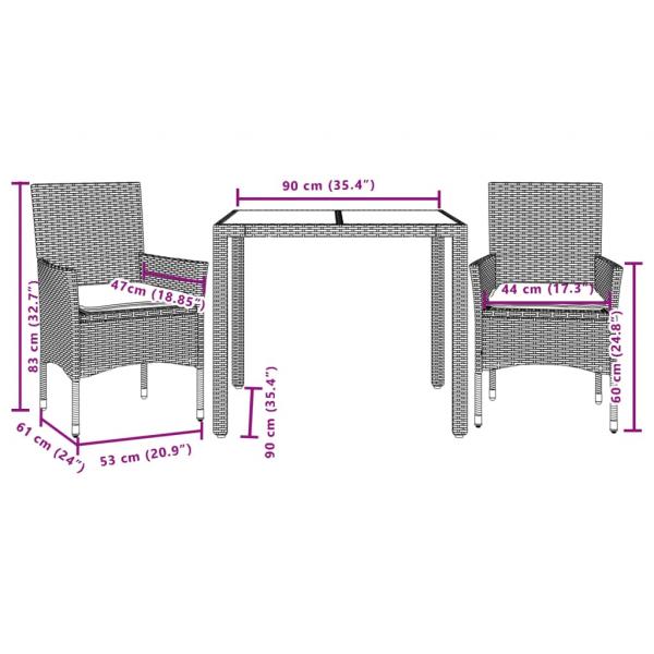 3-tlg. Garten-Essgruppe mit Kissen Grau Poly Rattan Akazie