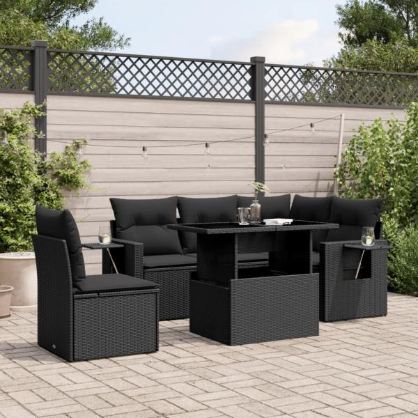 ARDEBO.de - 6-tlg. Garten-Sofagarnitur mit Kissen Schwarz Poly Rattan