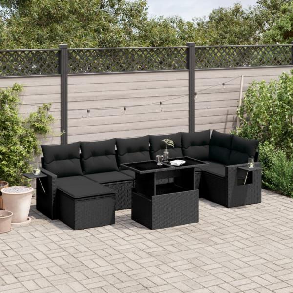 ARDEBO.de - 8-tlg. Garten-Sofagarnitur mit Kissen Schwarz Poly Rattan