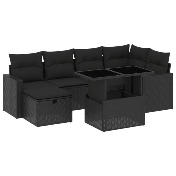 7-tlg. Garten-Sofagarnitur mit Kissen Schwarz Poly Rattan