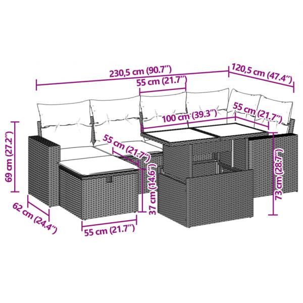 7-tlg. Garten-Sofagarnitur mit Kissen Schwarz Poly Rattan