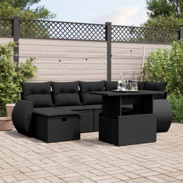 ARDEBO.de - 7-tlg. Garten-Sofagarnitur mit Kissen Schwarz Poly Rattan